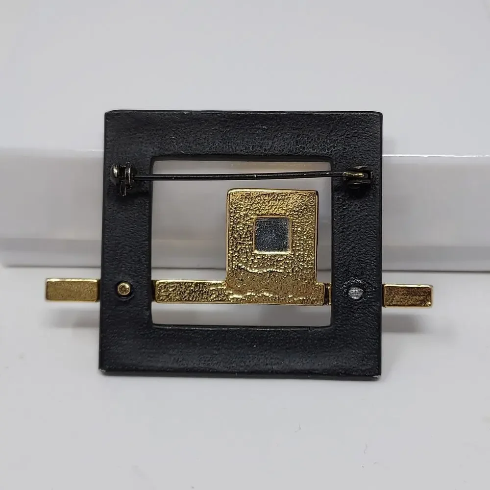 Vintage Modernist Geometric Brooch Blue Rhinestone Black Enamel Frame 1980s 2.25